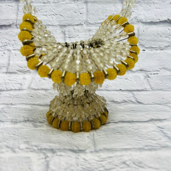 Vintage Handmade Beaded Safety Pin Basket Mid Century Yellow Silver 12" tall - Picture 3 of 5